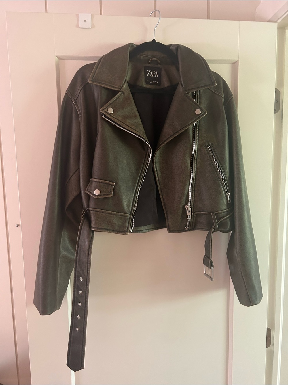 Zara Black Faux Leather Cropped Biker Jacket with Belt